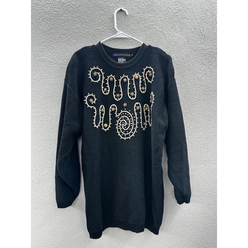 IB Diffusion Womens Sweater Size Large Black Textured Beaded Knit Vintage